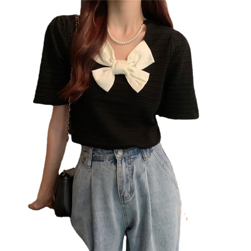 Sweet Turtleneck Round Neck Pearl Accessories Short Sleeve Sweater Bowknot Top Women